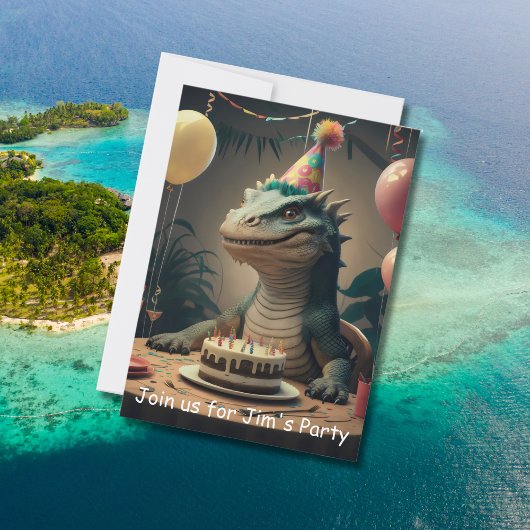 コモドドラゴンが誕生日ケーキのあるテーブルに座っている 招待状