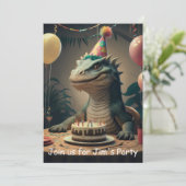 コモドドラゴンが誕生日ケーキのあるテーブルに座っている 招待状 (スタンド正面)