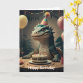 コモドドラゴンが誕生日ケーキのあるテーブルの座っている カード (黄色い花)