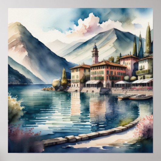 コモ湖絵画の水彩画 ポスター (正面)