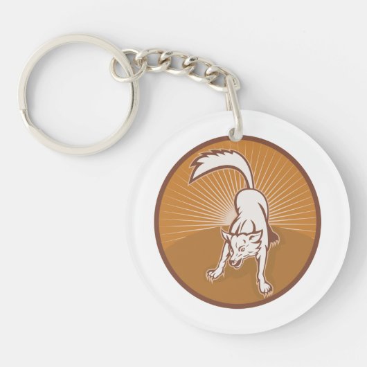 コヨーテレトロサンセットヴィンテージウィルダネスアニマルアート キーホルダー (正面)