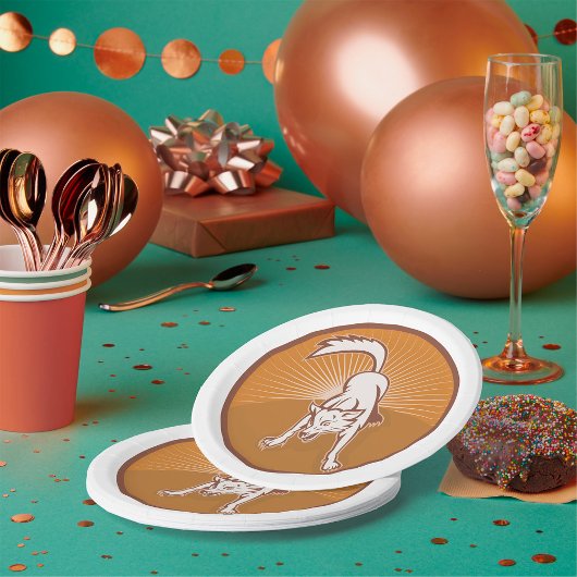 コヨーテレトロサンセットヴィンテージウィルダネスアニマルアート ペーパープレート