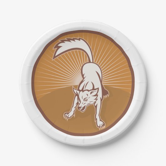 コヨーテレトロサンセットヴィンテージウィルダネスアニマルアート ペーパープレート (正面)