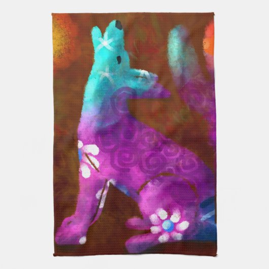 コヨーテ抽象芸術アートサグアーロカボスデザートブラウン キッチンタオル (縦)