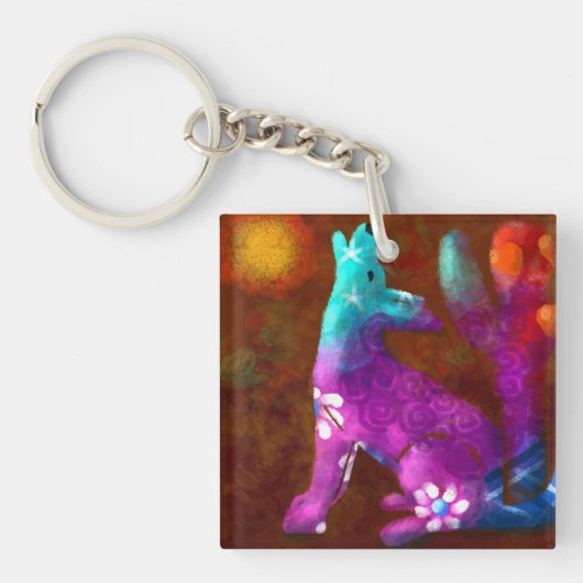 コヨーテ抽象芸術アートサグアーロカボスデザートブラウン キーホルダー (正面)