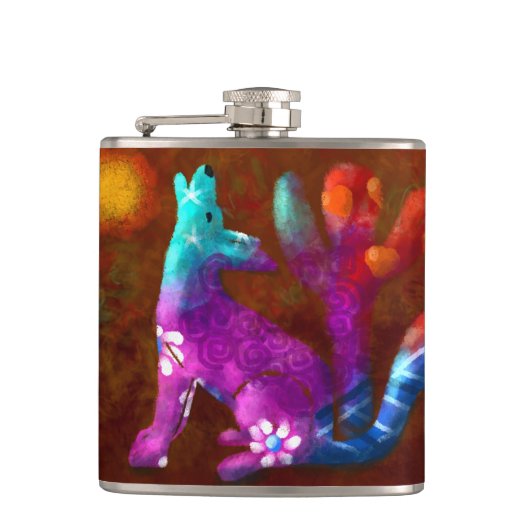 コヨーテ抽象芸術アートサグアーロカボスデザートブラウン フラスク (正面)