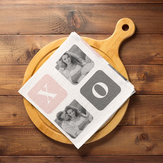 コラージカップルフォト&パステルピンク&グレーXOXO キッチンタオル