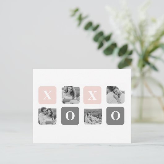 コラージカップルフォト&パステルピンク&グレーXOXO シーズンポストカード (スタンド正面)