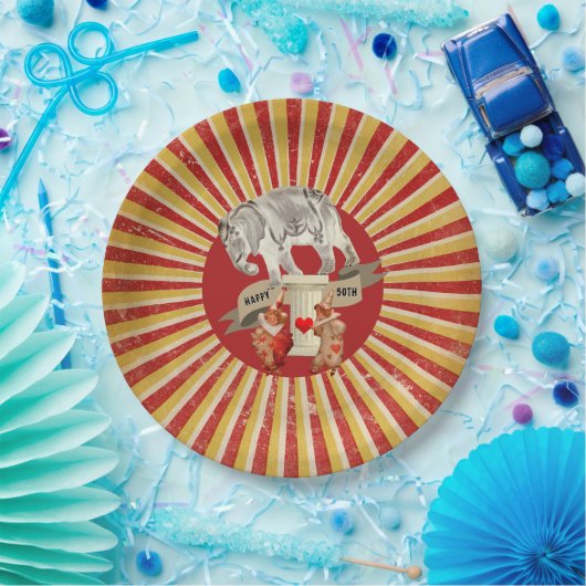 コラージサーカスゾウヴィンテージストライプポスター ペーパープレート (パーティー)