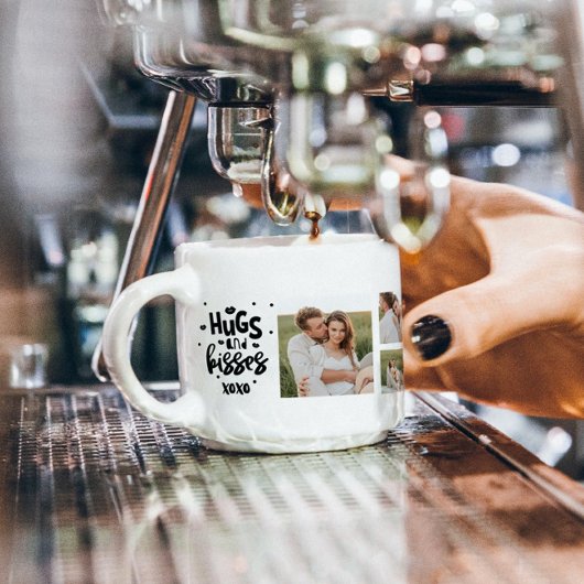 コラージュのカップルの写真とハグとキスフレーズの愛 エスプレッソカップ