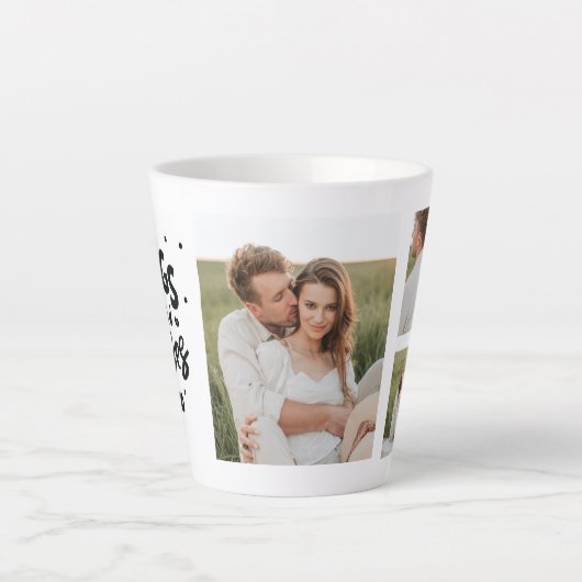 コラージュのカップルの写真とハグとキスフレーズの愛 カフェラテマグ (正面)