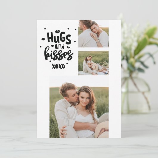 コラージュのカップルの写真とハグとキスフレーズの愛 シーズンカード (スタンド正面)