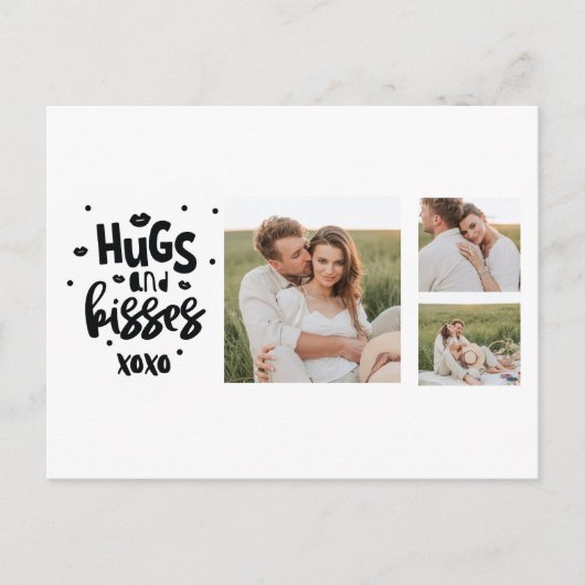 コラージュのカップルの写真とハグとキスフレーズの愛 シーズンポストカード (正面)