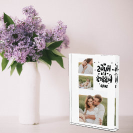 コラージュのカップルの写真とハグとキスフレーズの愛 フォトブロック