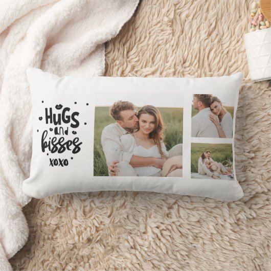 コラージュのカップルの写真とハグとキスフレーズの愛 ランバークッション (ブランケット)