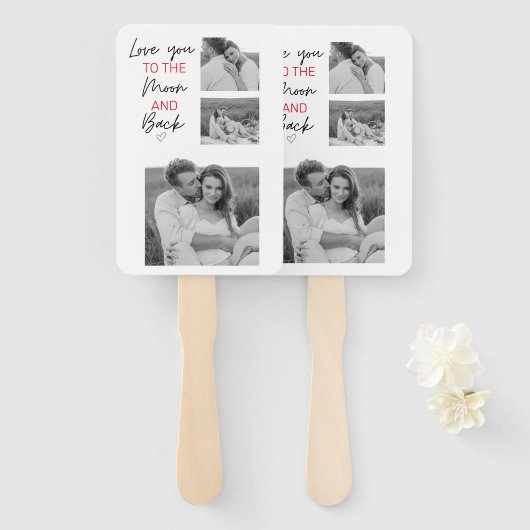 コラージュのカップルの写真とロマンチックな引用文を月に ハンドファン (正面&裏面)