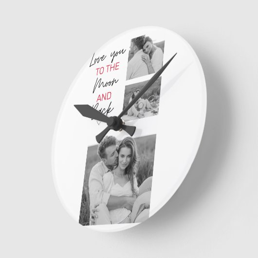コラージュのカップルの写真とロマンチックな引用文を月に ラウンド壁時計 (傾斜)