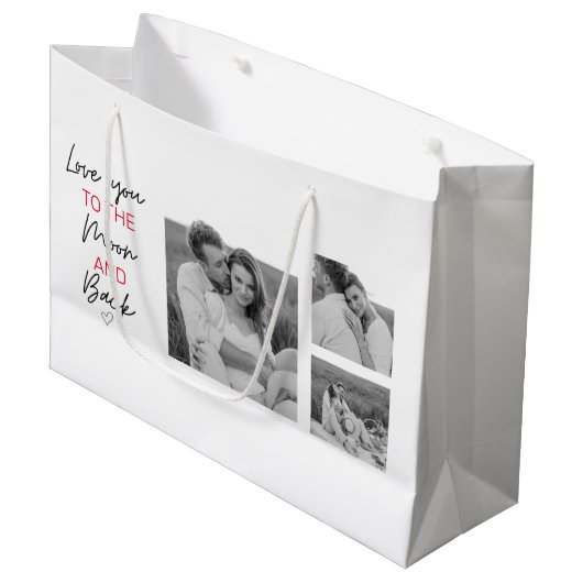 コラージュのカップルの写真とロマンチックな引用文を月に ラージペーパーバッグ (正面アングル)