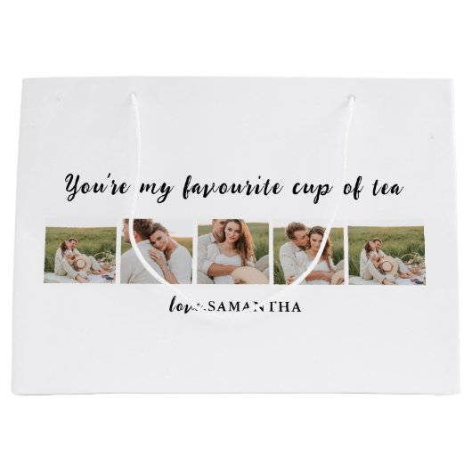 コラージュのカップルの写真と君は私の紅茶引用文 ラージペーパーバッグ (正面)