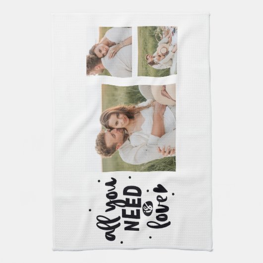 コラージュのカップルの写真&あなたが必要とするすべては愛の引用文 キッチンタオル (縦)