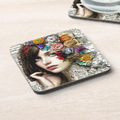 コラージュアート |かわいらし髪に花を付けた女の子 コースター (左側)