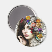 コラージュアート |かわいらし髪に花を付けた女の子 マグネット (正面/裏面)