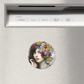 コラージュアート |かわいらし髪に花を付けた女の子 マグネット (インサイチュ (食洗機))