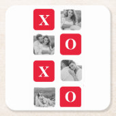 コラージュモダンカップル写真と赤XOXO スクエアペーパーコースター (正面)