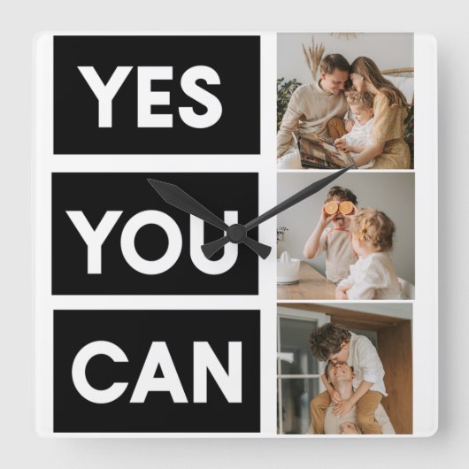 コラージュモダンファミリー写真とモチベーション引用文 スクエア壁時計 (正面)