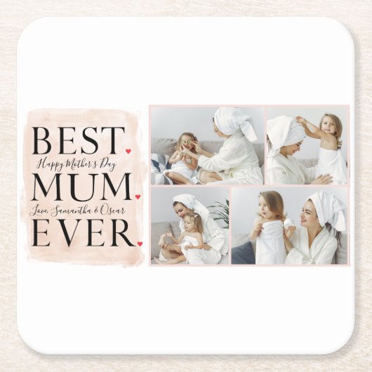 コラージュモダンフォトピンクハッピーマザーズ・デイ スクエアペーパーコースター (正面)