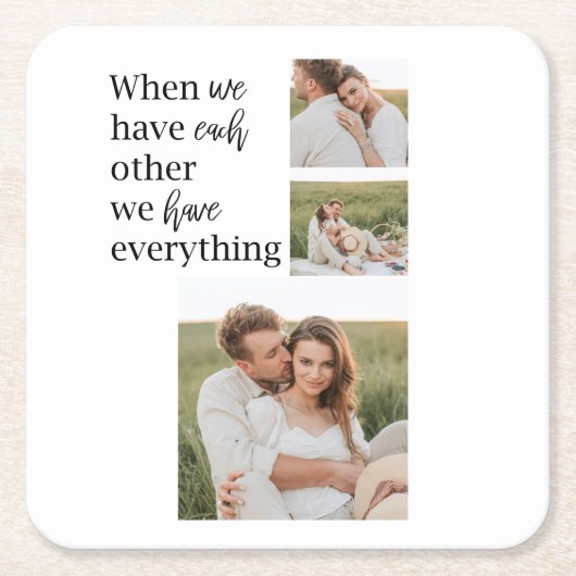 コラージュモダンフォトロマンチックなカップル引用文ギフト スクエアペーパーコースター (正面)