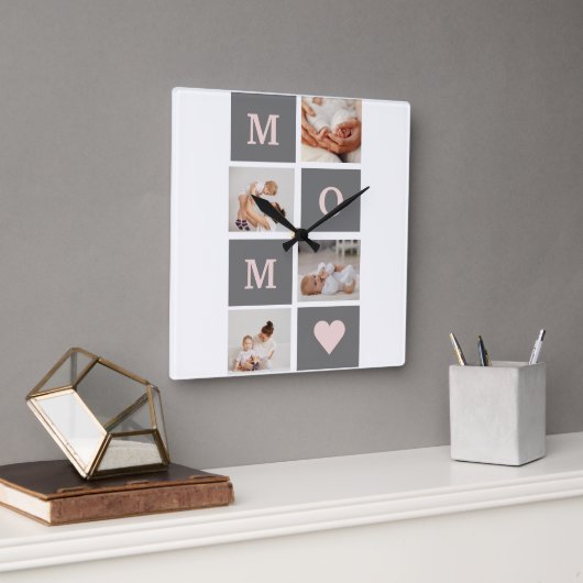 コラージュモダンフォト最高のモマピンクとグレーのギフト スクエア壁時計 (オフィス)