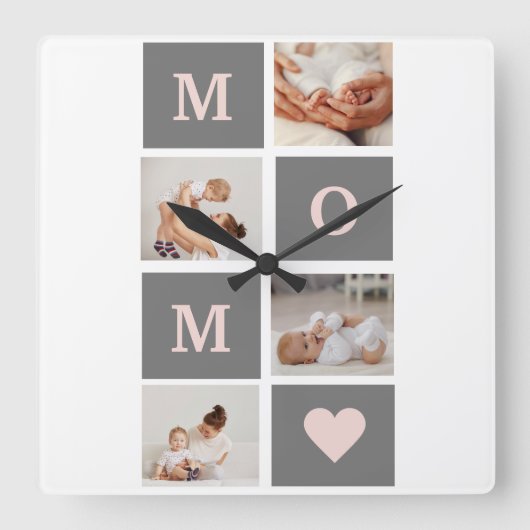 コラージュモダンフォト最高のモマピンクとグレーのギフト スクエア壁時計 (正面)