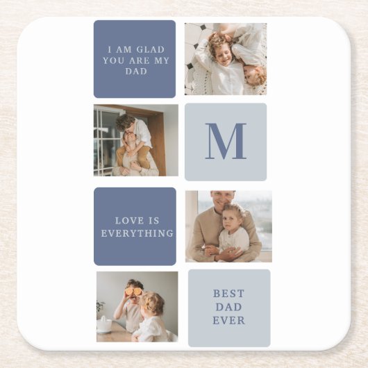 コラージュモダンフォト&ブルーハッピーファーザーズ・デイギフト スクエアペーパーコースター (正面)