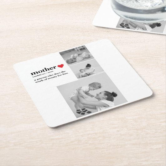 コラージュモダンフォト&文字赤いハートマザーギフト スクエアペーパーコースター (アングル)