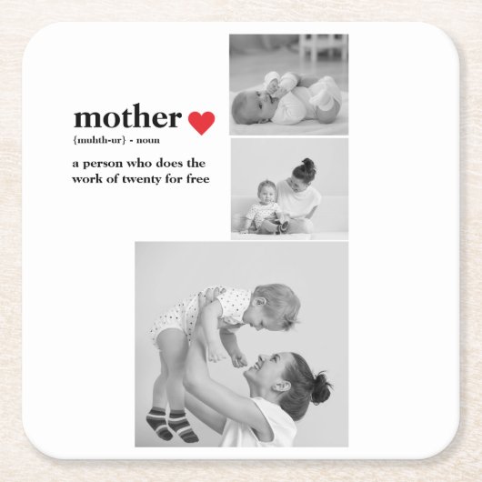 コラージュモダンフォト&文字赤いハートマザーギフト スクエアペーパーコースター (正面)
