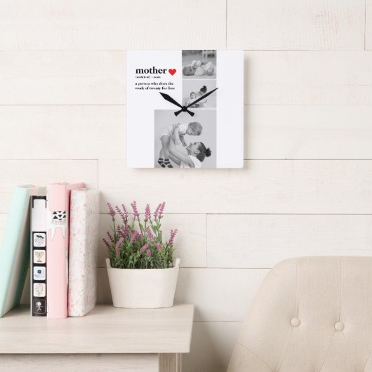 コラージュモダンフォト&文字赤いハートマザーギフト スクエア壁時計 (読書スペース)
