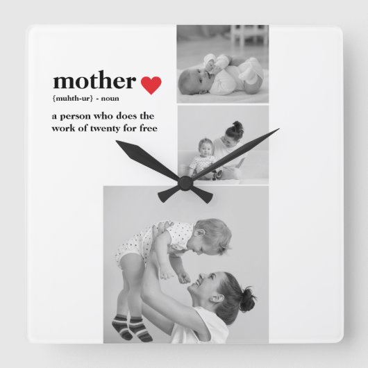 コラージュモダンフォト&文字赤いハートマザーギフト スクエア壁時計 (正面)