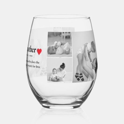 コラージュモダンフォト&文字赤いハートマザーギフト ステムなしワイングラス (正面)