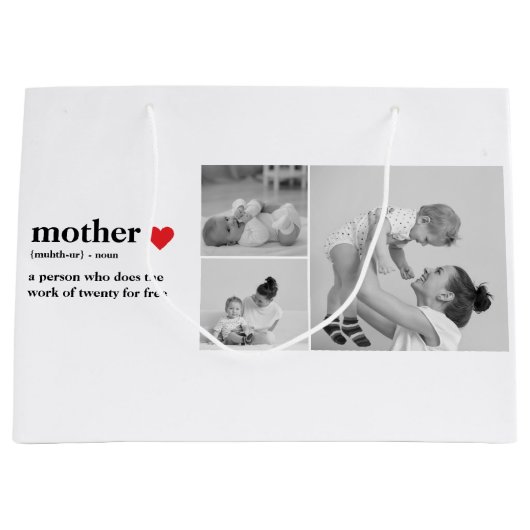 コラージュモダンフォト&文字赤いハートマザーギフト ラージペーパーバッグ (正面)