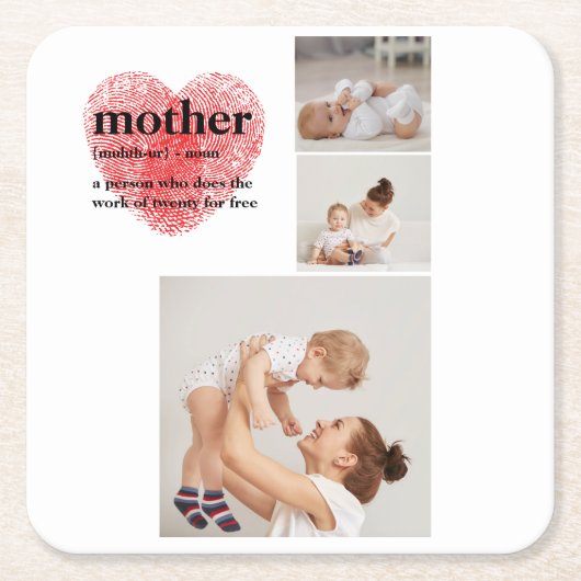 コラージュモダンフォト&赤いハートマザーギフト スクエアペーパーコースター (正面)