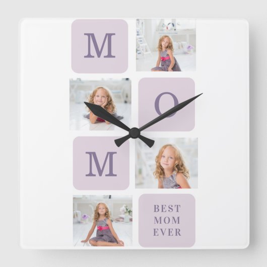コラージュモダン写真最高のお母さん今まで紫の贈り物 スクエア壁時計 (正面)