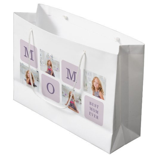 コラージュモダン写真最高のお母さん今まで紫の贈り物 ラージペーパーバッグ (正面アングル)