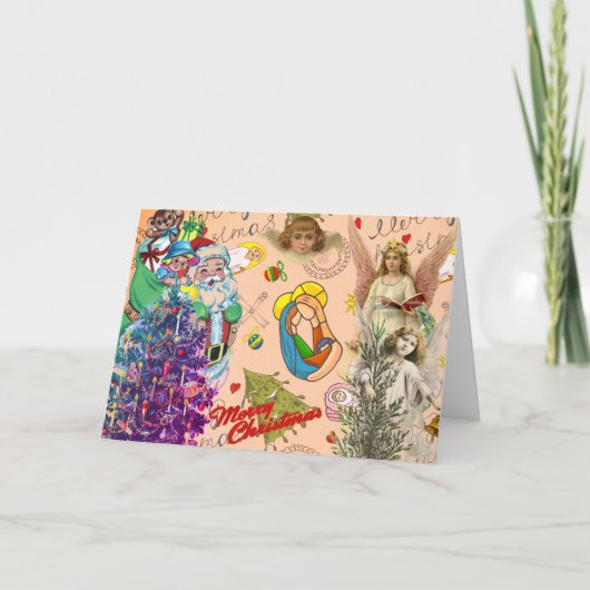 コラージュレトロ天使クリスマスツリーのクリスマスカード カード (正面)