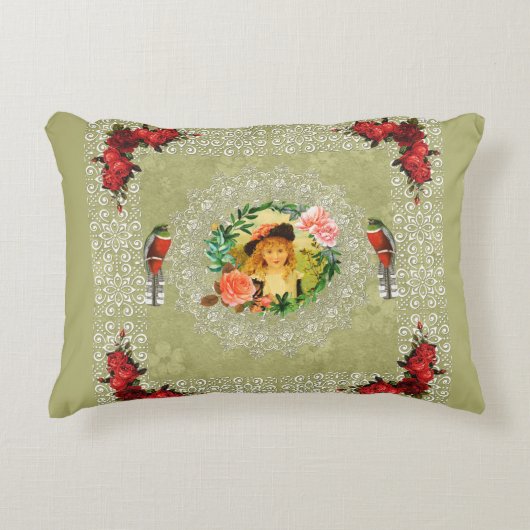 コラージュヴィンテージレトロとレースと花 アクセントクッション (正面)