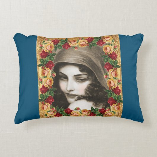 コラージュヴィンテージレトロとレースと花 アクセントクッション (正面)