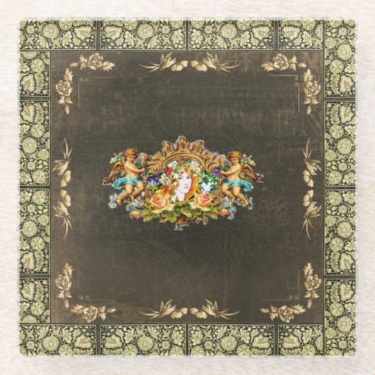 コラージュヴィンテージレトロとレースと花 ガラスコースター (正面)