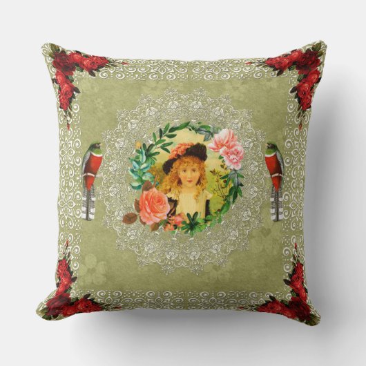 コラージュヴィンテージレトロとレースと花 クッション (正面)