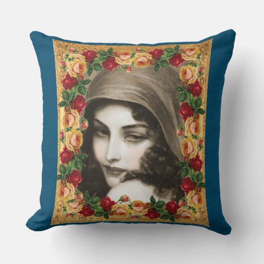 コラージュヴィンテージレトロとレースと花 クッション (正面)