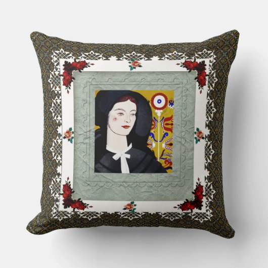 コラージュヴィンテージレトロとレースと花 クッション (正面)